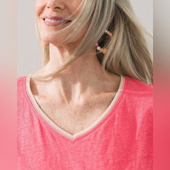 Chico's Linen Sweater Trim Pullover Relaxed Tee In Coral Pink Size 2 [US Large] - Picture 3 of 10